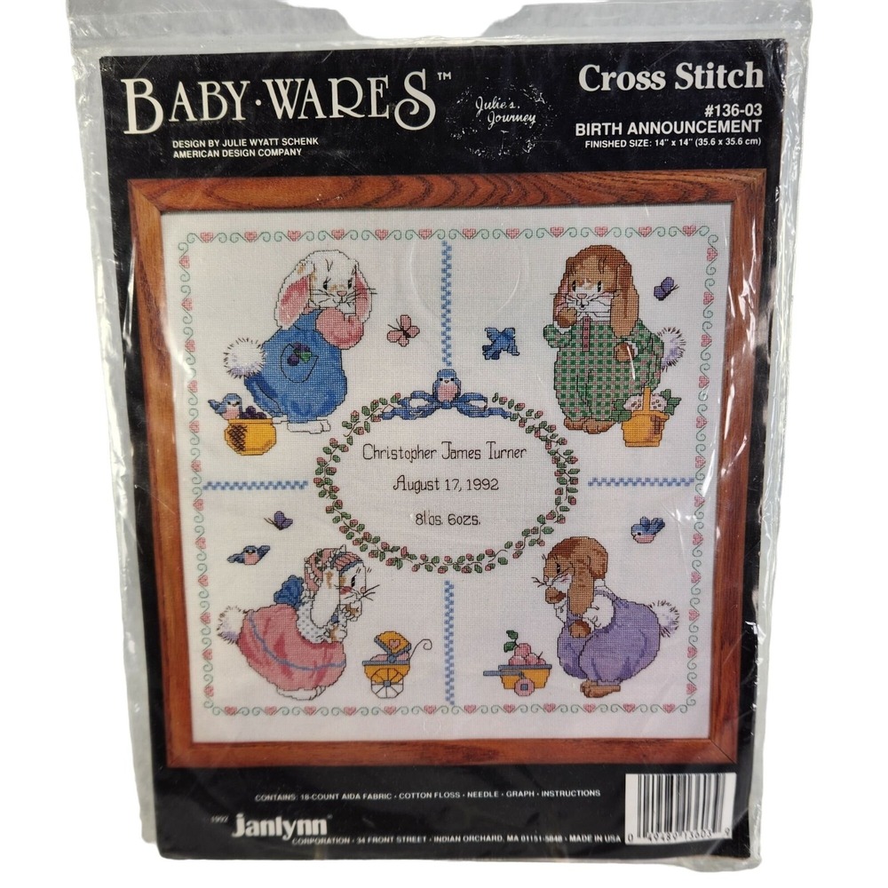Birth Announcement Baby Sampler Counted Cross Stitch Kit Bunnies Personalize New